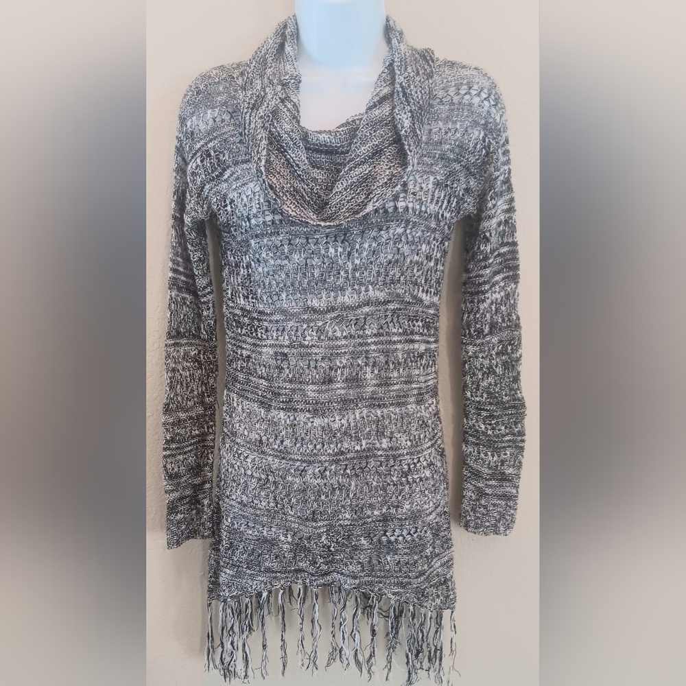 Vanity Boho Fringe Cowl Neck Long Tunic Sweater S Black White Marled Western